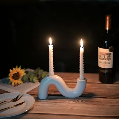 Ceramic Candle Holder, Modern Taper Candlestick Holder for Dining Table, Living Room Coffee Table, Candelabra for 2 Taper Candles-White - color: White