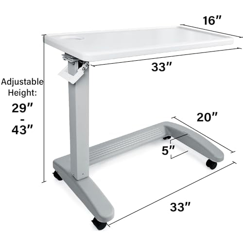 Vaunn Medical Pneumatic Adjustable Overbed Exam Bedside Table with Wheels (Hospital and Home Use), New Tabletop, Light Gray