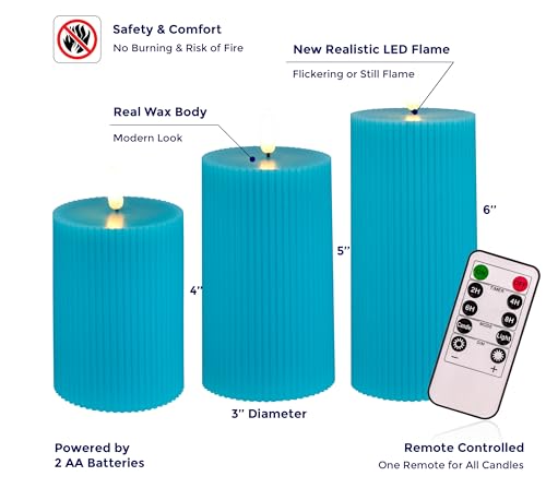 VENTA Turquoise Flameless Pillar Candles, Set of 3 (4" 5" 6") | Realistic Flickering Teal LED Candles with Remote & Timer | Perfect for Coastal, Boho & Modern Home Decor - color: Turquise Ribbed