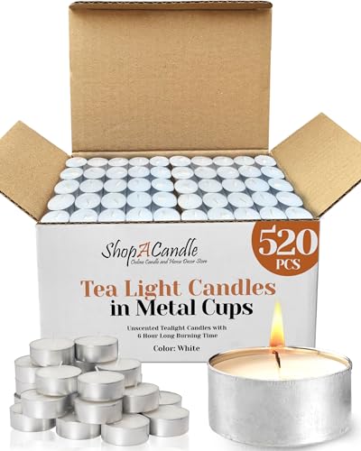 Tea Light Candles in Metal Cups - 6 Hours Clean, Long Burning White Unscented - 520 Candles - Bulk for Romantic Dinner, Wedding, Spa & Hotels by PARNOO - style: 520 Pack 6 Hours Burn Time