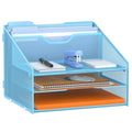 GAWERK Letter Tray Organizer, Mesh Desk File Organizer with 3 Paper Trays and 2 Vertical Upright Section (Blue) - color: Blue