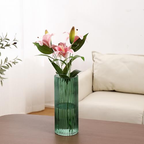 Green Glass Vase, Glass Flower Vase, Ribbed Glass Vase, Green Vase, Tall Cylinder Glass Vases for Centerpieces, Living Room, Bedroom, Dining Table, Office, Wedding, Bookshelf, 12 Inches - color: Green, size: 12''