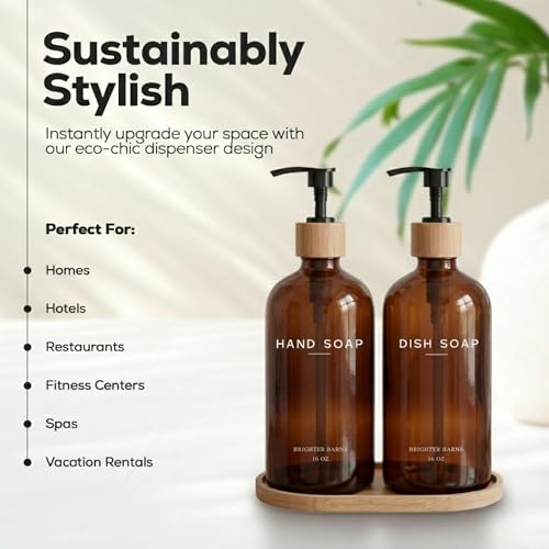 Amber Glass Hand and Dish Soap Dispenser Set by Brighter Barns - Kitchen Soap Dispenser Set with Tray - Bamboo Pump Bottles for Kitchen Sink - Modern Home Decor, Neutral Decor for Airbnb, Gift (Amber) - color: Amber Hd