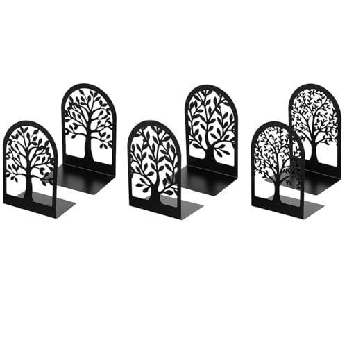 Book Ends Tree Design Modern Bookends for Shelves, Modern Metal Tree Book Ends for Shelves Decorative, Home Decorative Bookends for Home Office, 7 X 4.7 X 3.5 ”, Black, 3 Pairs/6 Pieces