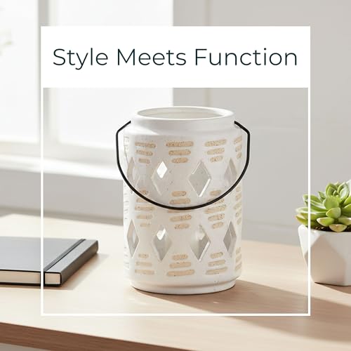 Ceramic Lantern Candle Holder with Diamond Cut Out Design - Casual Pillar Candlestick Holder for Indoor and Outdoor Decor - Stylish Centerpieces for Table or Entryway Accent - 6", Ivory & Tan