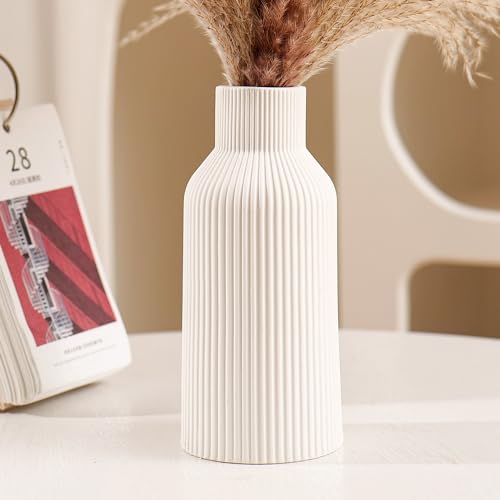 Bohemian White Ceramic Vase - for Pampas Grass, Mantel, Bookshelf, Entryway and Living Room Decor (White, 7in) - color: White, size: 7in