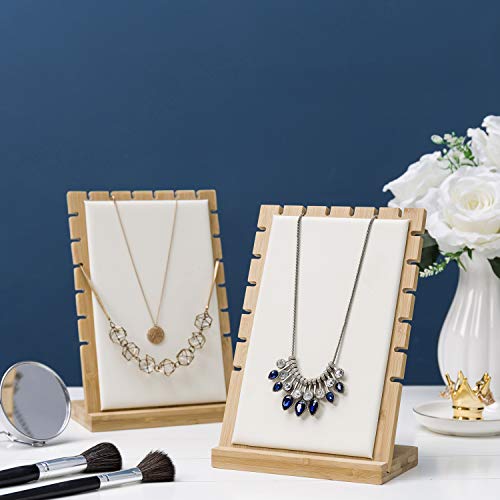 MyGift necklace display standMyGift 2-Pack Bamboo Jewelry Display Stands with PU Panel & Multi-Rung Design – Detachable Bases, Non-Scratch Surface jewelry display for vendors, - color: White