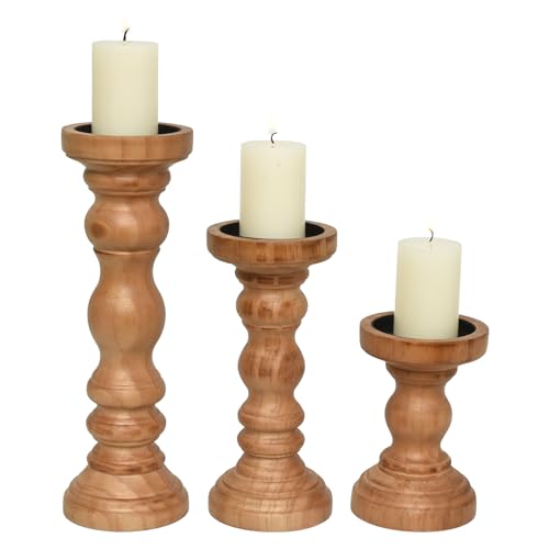 SWALLOWLIVING Rustic Farmhouse Wood Pillar Candle Holder Set of 3 for Candlestick, Brown - color: Brown