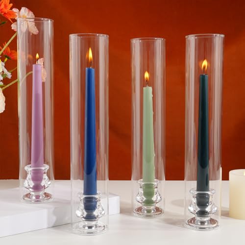 Hurricane Glass Candle Holders, Set of 4 Candlestick Holders for Taper Candle with 11.8" Tall Windproof Cylinder Covers Candle Stand Bulk for Table Centerpieces on Wedding Birthday Housewarming Decor - size: smooth