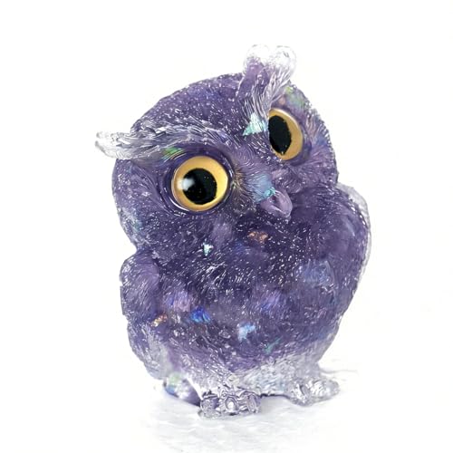 OwMell Owl Statue Tumbled Stone Gemstone Owl Figurine Home Decor Shelf Decor 2.5" - Deep Purple - color: Deep Purple