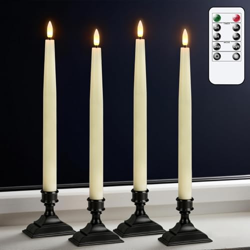GenSwin Christmas Window Candles, 4 Pcs Battery Operated Window Candles with Remote Timer, Waxy LED Flameless Taper Candlesticks with Black Holder for Christmas Holiday Home Decor(Ivory,0.78”x12.6”) - color: 4-Ivory