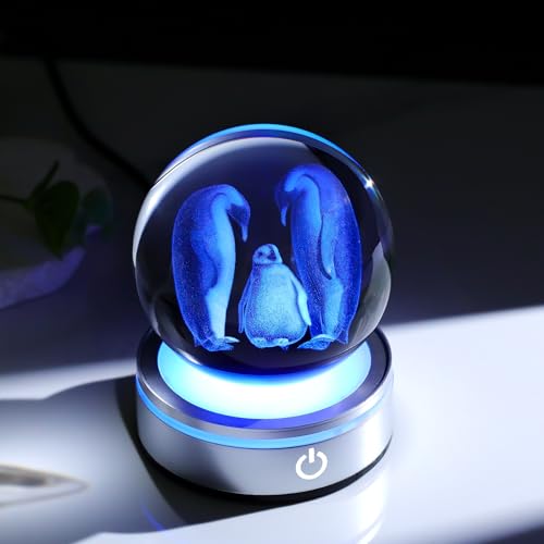 Arikyrist 3.15in. 3D Penguins Crystal Ball Gifts for Women Men, K9 Crystal Decorative Ball Engraved Penguins Figurine Paperweight with LED Light Base for Home Office Decoration for Birthday Christmas - color: Penguins