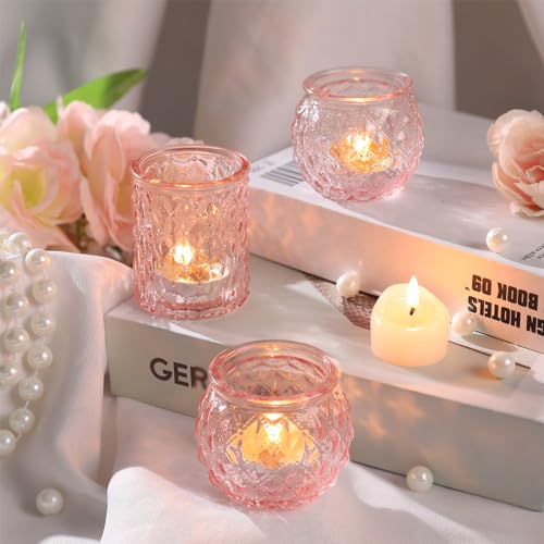 DARJEN Pink Votive Candle Holders Set of 24- Round Glass Candle Holders Bulk for Flameless LED Tea Waxes, Romantic Candle Holder for Wedding & Various Parties, Home Table Decor - color: Pink, size: 24 Pcs