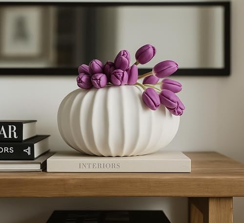 Pots & Patterns 11" Large White Ceramic Flower Vase - Modern Ribbed Low Profile Centerpiece for Dining Table & Home Decor