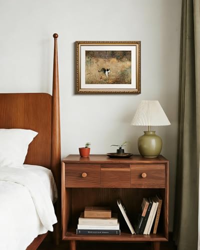 HUARCEY Cute Black Cat Catching Sparrow Artwork, Vintage Landscape Cat Hunting 13''x16'' Gold Framed Wall Art Canvas Print, Farmhouse Autumn Painting Pet Lover Gift Bedroom Nursery Wall Decor - color: Cat Catching Sparrow, size: 16"L x 13"W
