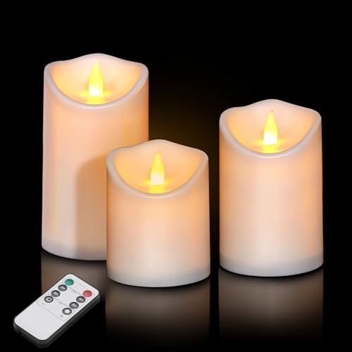 Artmarry Flameless Candles 4" 5" 6" Outdoor Indoor Pillars Battery Operated Flickering Candles Include 8-Key Remote Timer 400+ Hours by 2 AA Batteries (White Candle - Warm Light,3 Pack) - color: White Candle - Warm light, size: 3"D x 4"|5"|6" H - 3 Pack