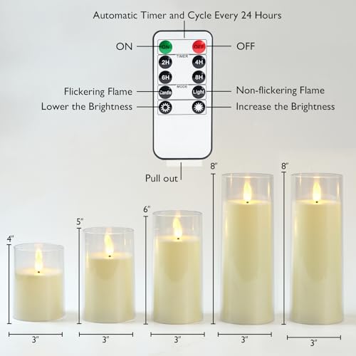 Homemory Ivory White Flickering Flameless Candles, Battery Operated Acrylic LED Pillar Candles with Remote Control and Timer, Set of 5 - color: Ivory