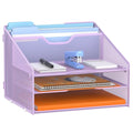 GAWERK Letter Tray Organizer, Mesh Desk File Organizer with 3 Paper Trays and 2 Vertical Upright Section (Purple) - color: Purple