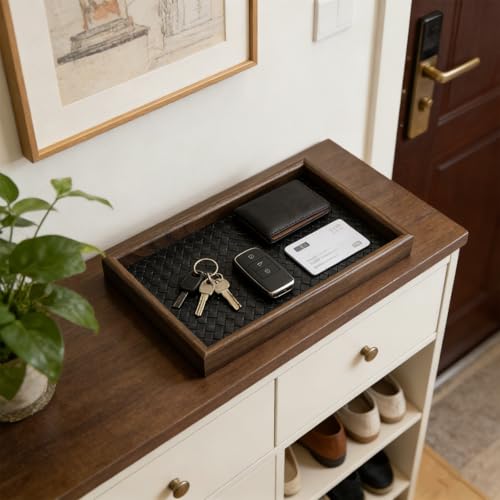 Wooden Valet Tray with Leather Base, EDC Catch All Tray Nightstand Entryway Table Vanity Organizer 11.8x7.9, Black - color: Black