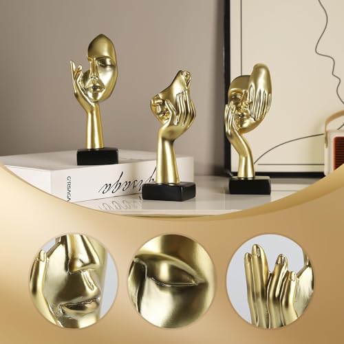 Modern Living Room Decoration - Gold Abstract Sculpture Decor For Shelves, Thinker Statues Set Of 3, Resin Face Knick Knacks Home Decor For Office Bookshelf, Shelf Side, Table, Gift For Friends - color: Gold Abstract Sculpture Decor
