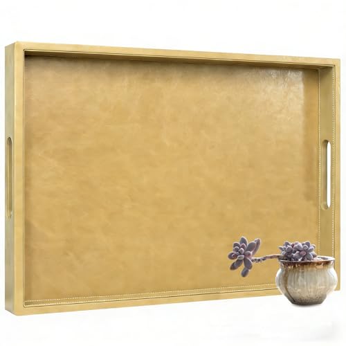 30x24 inches Rectangle Leather Ottoman Serving Tray with Hole Handles, Extra Large Modern Service Tray for Living Room, Coffee Table, Bed, Tea, Food, Countertop, Kitchen, Dinner, Picnic (Brown) - color: Brown, size: 30" x 24" x 2"
