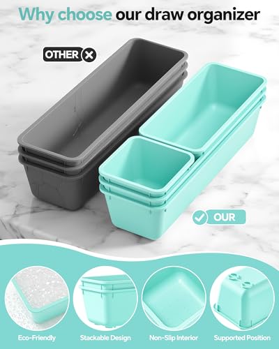 Canfanni 13 Pack Plastic Drawer Organizers Set, 3 Sizes Desk Drawer Organizer Trays for Vanity and Makeup Organizer, Organization and Storage for Makeup, Kitchen Utensils, Bathroom and Office(Blue) - color: Blue
