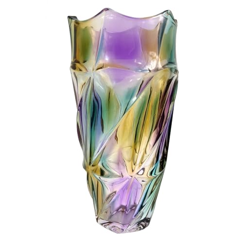 9 Inch Height Glass Flower Vase, Elegant Purple Spiral Twist Design, Heavy Base, Modern Art Decor with Diagonal Pattern for Home Centerpiece