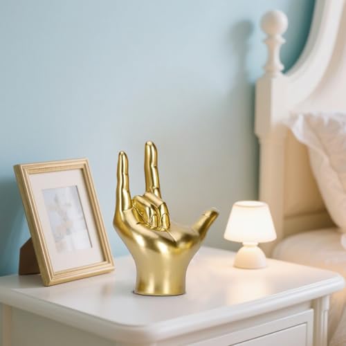 Gold Resin Rock On Hand Gesture Statue - Modern Office Desk Decor & Home Shelf Accents - Rock Culture Music Lovers' Decorative for Living Room, Bookshelf, 6.89"