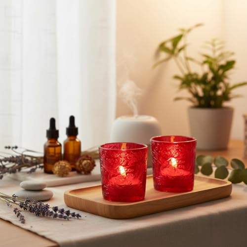 12 Pack Hummingbird Embossed Glass Candle Holders – Votive Tealight Holders with Patent Design, Decorative Embossed Glass Cups for Wedding Centerpieces, Parties, and Home Décor (Crimson Glow) - color: Crimson Glow