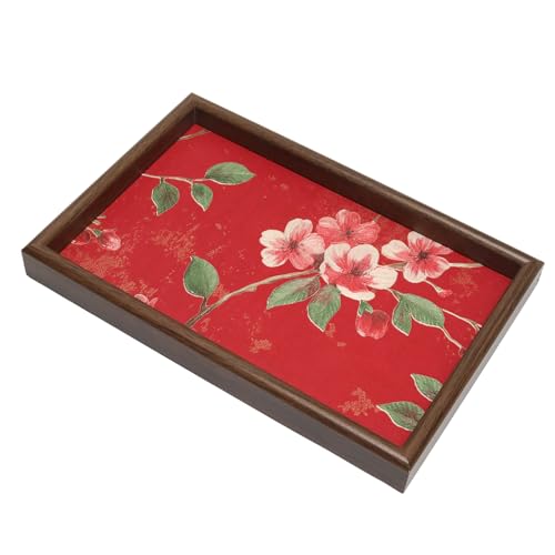 Wooden Valet Tray with Floral Base, EDC Catch All Tray Nightstand Entryway Table Vanity Organizer 11.8x7.9, Red Vintage Blossoms - color: Red Blossoms