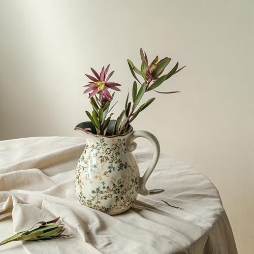 Ceramic Flower Vase | Green Rustic Farmhouse Pitcher Vase for Home Decor, Vintage Floral Tuscan Decorative Vase for Living Room & Kitchen, Mantel & Bookshelf, Centerpieces, Entryway, Wedding(8 Inch) - color: 01-green and Beige