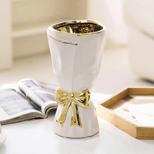 White and Gold Vase, Bow Vase for Home Decor, White Flower Vases for Boho Style, 9.65 Inch Large Vases for Ideal Table Decor, Ceramic Bouquet. （Glazed Exterior and Interior） (White, Large) - color: White and Gold