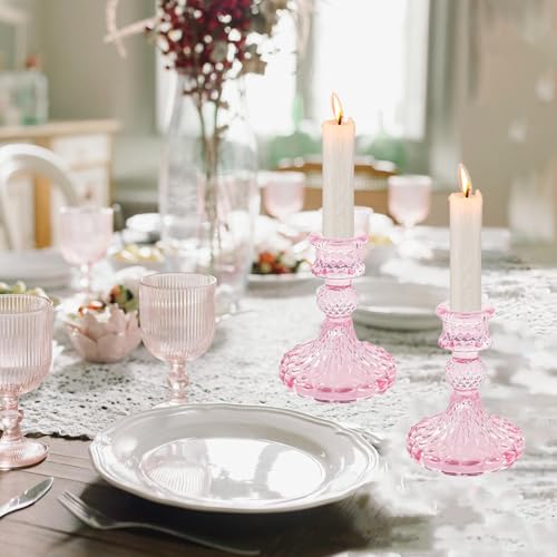 Glass Candlestick Holders Set of 2，Taper Candle Holders Fit 0.8 Inch Candles, Crystal Decorative Candle Stand Centerpiece for Table Wedding Dinning Party 4 Inch Tall (Pink) - color: Pink