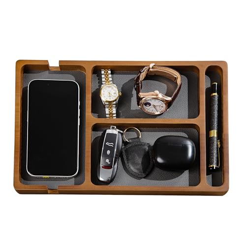 Shinpuru Wooden Valet Tray for Men, Nightstand Organizer with Leather Inlay, EDC Essentials Catchall Tray for Keys, Phone, Wallet, Watch, Earbuds - Bedside Desk Entryway Tray (Wood-Pen) - color: Brown-P