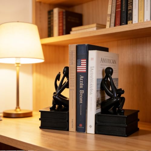 Reading Figurine Book Ends Book Lovers Gifts for Bookshelf Decorations for Readers, Graduates, Students, Teachers, Sculpture Home Decor for Shelves Desk Office Living Room (Black) - color: Black