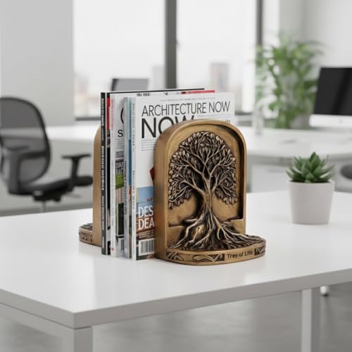Resin Tree of Life Bookends Set, 2Pcs Decorative Non-Skid Book Ends for Heavy Books, Shelves, Bookcase or Desk - Antique Bronze Color Home Décor Gift, Library and Office Decor - color: Brown