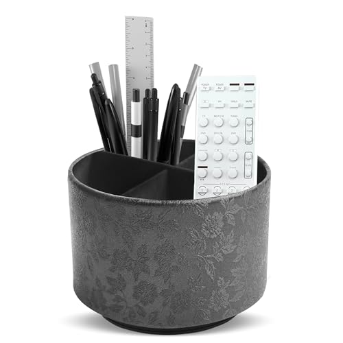 lizimandu Round Leather Art Supply Organizer,Remote Control Holder,360 Degree Spinning,Multi-Functional Pencil Holder,4 Compartments Desktop Stationary Organizer(1-Liuli Black) - color: 1-Liuli Black