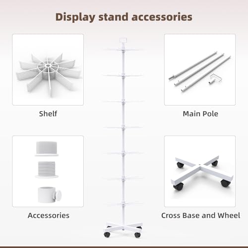 Retail Display Racks 7 Tier Spinning Display Stand, Movable Shop Spinner Rack with Hooks, Retail Display Stand for Jewelry Keyring Hats Socks Toys (White) - color: White, style: 7 Tier