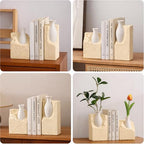 Ceramic Vase Bookends for Shelves, Modern Decorative Bookends with Flower Vase, Aesthetic Bookshelf Decor Book Ends with 2 Artificial Tulip Flowers