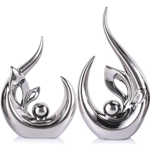 9.4" H Silver Abstract Sculptures Home Decor, Ceramic Art Statue Cool Stuff to Put on Shelves&tv Stand Decor, Silver Accent Entertainment Center, for Fireplace Coffee Table Dining Table Decorate - color: Bright Silver, size: 9.4in/H