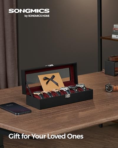 SONGMICS Watch Box, 6-Slot Watch Case Organizer with Large Glass Lid, Removable Pillows, Gift for Loved Ones, Black Synthetic Leather, Wine Red Lining UJWB006R01 - color: Black + Wine Red, size: 6 Slot