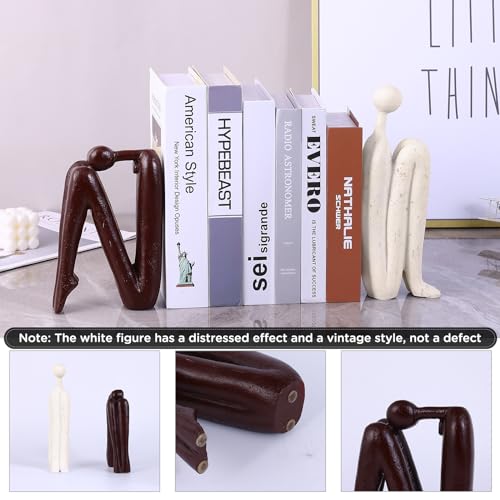 Heavy Bookends for Heavy Books – Modern Decorative Book Ends Thinker Statue, Creative Bookends Book Stopper for Shelves, Abstract Sculpture Bookshelf Desk Decor for Home Office (White and Red Brown) - color: White and Red Brown