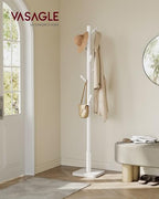 VASAGLE Solid Wood Coat Rack, Free Standing Hall Coat Tree with 8 Hooks, 3 Height Options, for Coats, Hats, Bags, Purses, for Entryway, Hallway, Rubberwood Hooks and Pole, Cloud White URCR010W02 - color: Cloud White, style: Square Base + Cylindrical Hooks