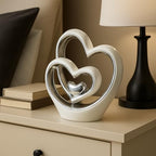 Silver Heart Ornament – Elegant Ceramic Couple Sculpture – White & Silver Tabletop Decor – Romantic Centerpiece for Living Room, Bedroom or Office – Anniversary or Valentine’s Gift