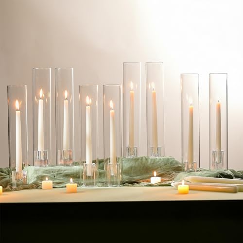 LETINE Hurricane Candle Holders with Ribbed Taper Candle Holders Set of 9(14") - Clear, Windproof & Elegant Candle Holder with Glass Cover for Wedding Centerpieces, Events & Home Decor - color: Clear, size: 14H"-9pcs+9pcs Taper Holder1.57"/2.36"/3.15"