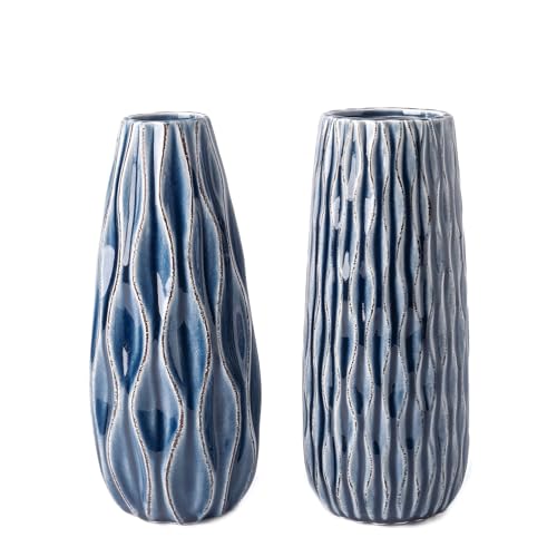VICTOR & TERESA Ceramic Vase for Flowers, 10'' Set of 2 Decorative Blue Vases for Home Decor, Farmhouse Vases for Pampas Grass, Table, Mantel, Living Room, Shelf, Centerpieces, Gifts for Mom - color: Blue, size: Large