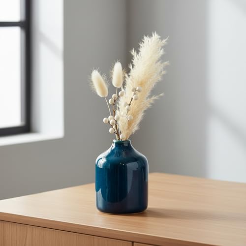 Sunddo Blue Ceramic Vase for Pampas Grass - 4 Inch Small Decorative Flower Vase, Farmhouse Coastal Vases Home Decor, Shelf, Office, Bathroom Decoration, Book Shelf, Night Stand Decor - color: Dark Blue, size: 4 inch