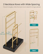 SONGMICS Jewelry Holder, Jewelry Organizer Display Stand with Metal Frame, Velvet Tray, Necklace Earring Bracelet Holder, for Studs, Rings, Gift Idea, Pale Gold and Ink Black UJJS021AB02 - color: Pale Gold + Ink Black