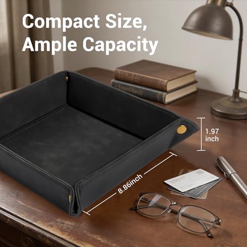 CoBak Leather Valet Tray for Men, Premium PU Leather Catch-All Tray for Entryway Table Key, Phone, Wallet, Coins & Jewelry, Bedside Nightstand Desk-top Catchall (Black) - color: Black