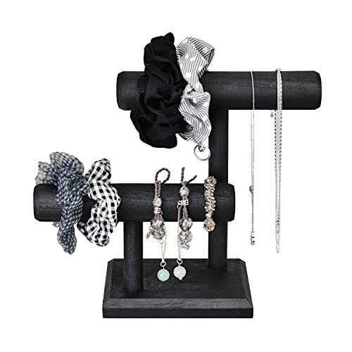 Ikee Design 2 Tier Wooden Jewelry Bracelet Watch Display Tower, Bangle Scrunchie Necklace Holder Storage Stand, 7.9 W x 4.3 D x 9.4 H in, Black Color - color: Black
